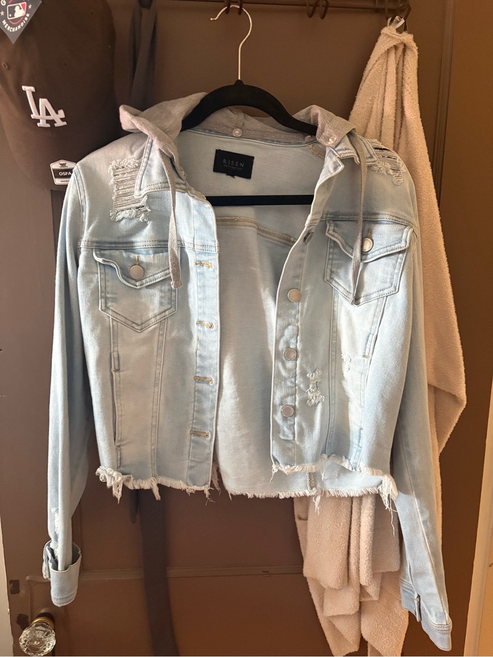 Women's Light Wash Distressed Denim Jacket with removable Hoodie